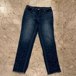 Versona Navy Blue Straight Leg Jeans with Scattered Rhinestones